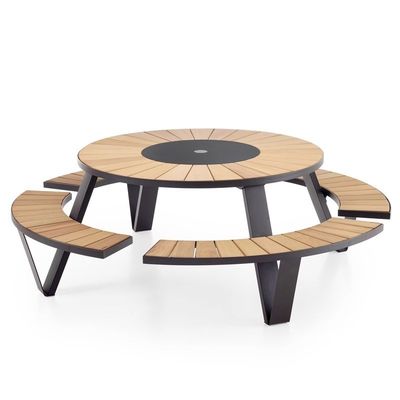 Modern Design Durable Metal Frame Wood Top Round Table And Chairs Wooden Picnic Table Bench
